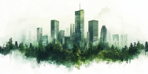 Obraz premium Green City Skyline Emerging from Lush Forest Watercolor Painting