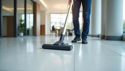 Fototapeta premium Man vacuuming floor with a cordless vacuum cleaner, Person vacuuming tiled floor modern office building Large cleaning, created with generative ai