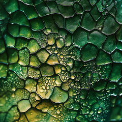 Obraz premium A close-up view of a green reptilian scale texture, with intricate patterns, fine surface details, and glistening water droplets creating a mesmerizing organic mosaic.