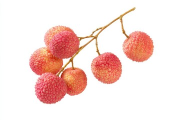 A bunch of ripe lychees on a branch, vibrant pink hues against a white background.