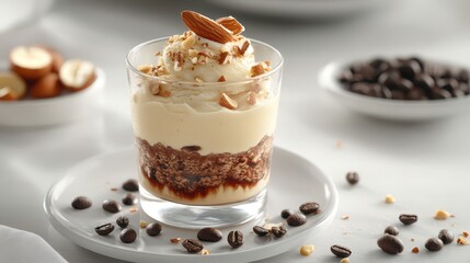 Dessert cup with cake, cream, almonds, nuts, and coffee beans, on white surface. Perfect for food blogs, recipe sites, or showcasing dessert menu items.
