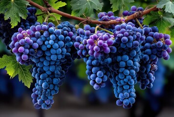 Lush Bunches of Ripe Grapes Hanging from a Vine Against a Colorful Background of Vineyard Produce