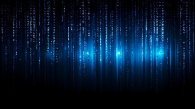 A futuristic representation of technology and data flow is depicted through an abstract blue matrix filled with streams of binary code