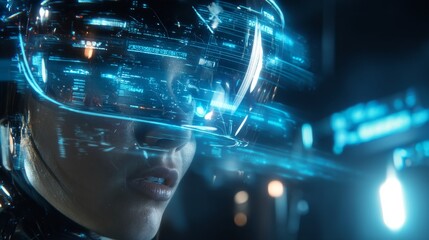 Fototapeta premium A man immerses himself in virtual reality within a cutting-edge technological setting during nighttime hours