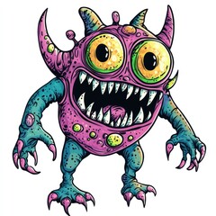 Fototapeta premium Colorful cartoon creature with large eyes and sharp teeth.