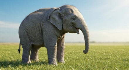Fototapeta premium Baby Elephant Standing in Grassy Field Under Blue Sky