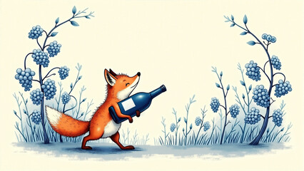 Fox Carrying Wine Bottle in Berry Field Illustration