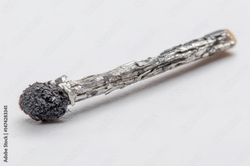 Poster Detailed close-up of a burned wooden matchstick resting on a light background, showcasing its texture and condition after use