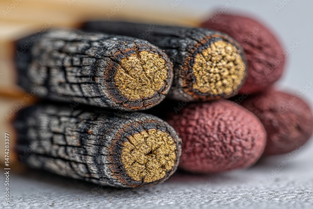 Poster close-up view of striking surfaces on vintage wooden matchsticks arranged aesthetically on a texture