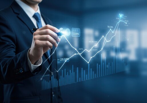 Businessman analyzing financial data with digital interface showing growth trend