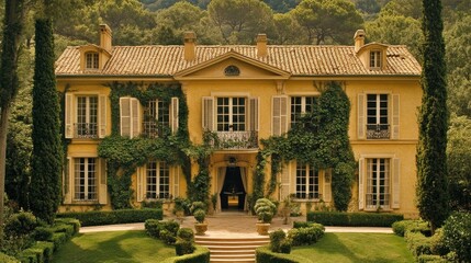 Obraz premium Elegant French villa with lush garden
