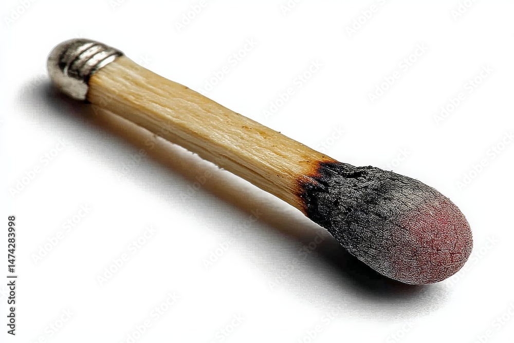 Poster close-up view of a burnt matchstick laying on a white surface highlighting its charred end and woode