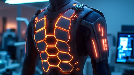 A futuristic bodysuit with glowing panels in a sci-fi lab