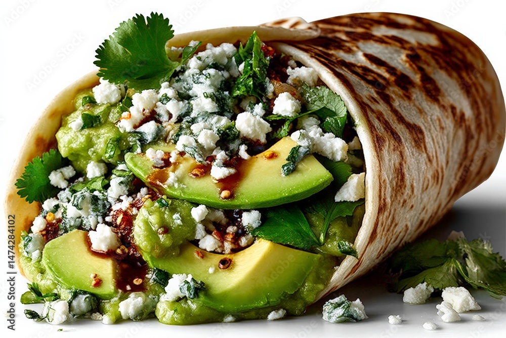 Poster fresh avocado wrap with cilantro and cheese served in a tortilla on a plain background