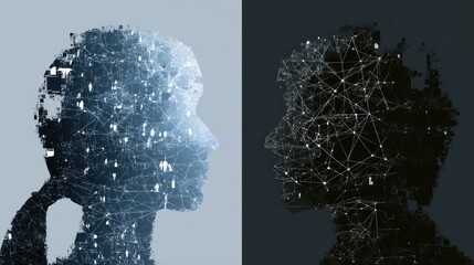 Two human head silhouettes filled with network connections on contrasting backgrounds.