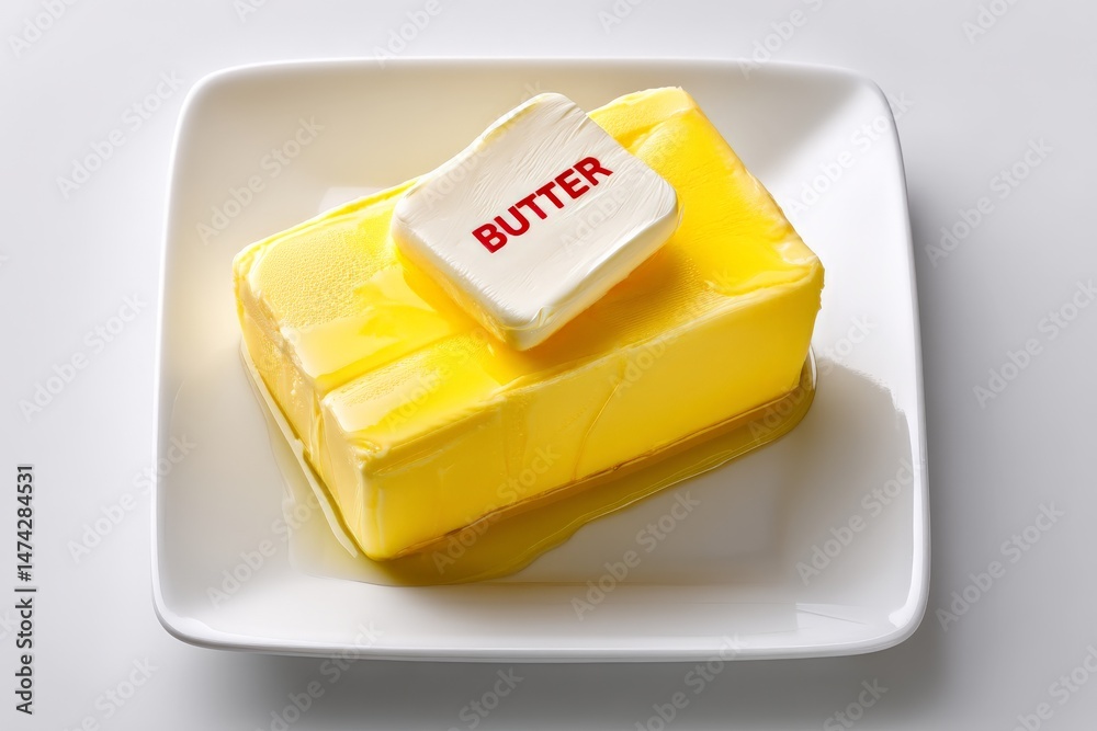 Poster yellow butter on a white plate with a small portion melted at the edges, ready for use in cooking or