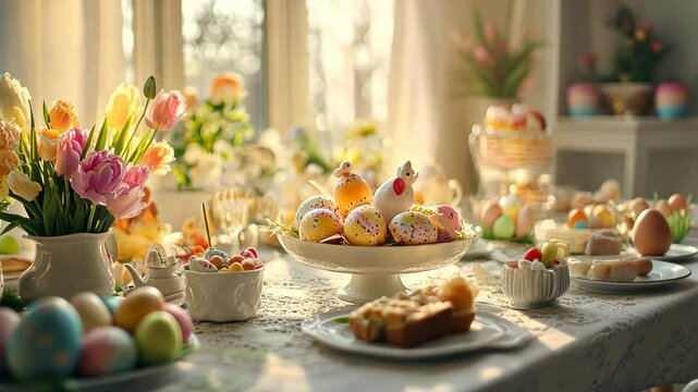 Spring brunch table with colorful tulips and easter eggs illuminated by soft morning light