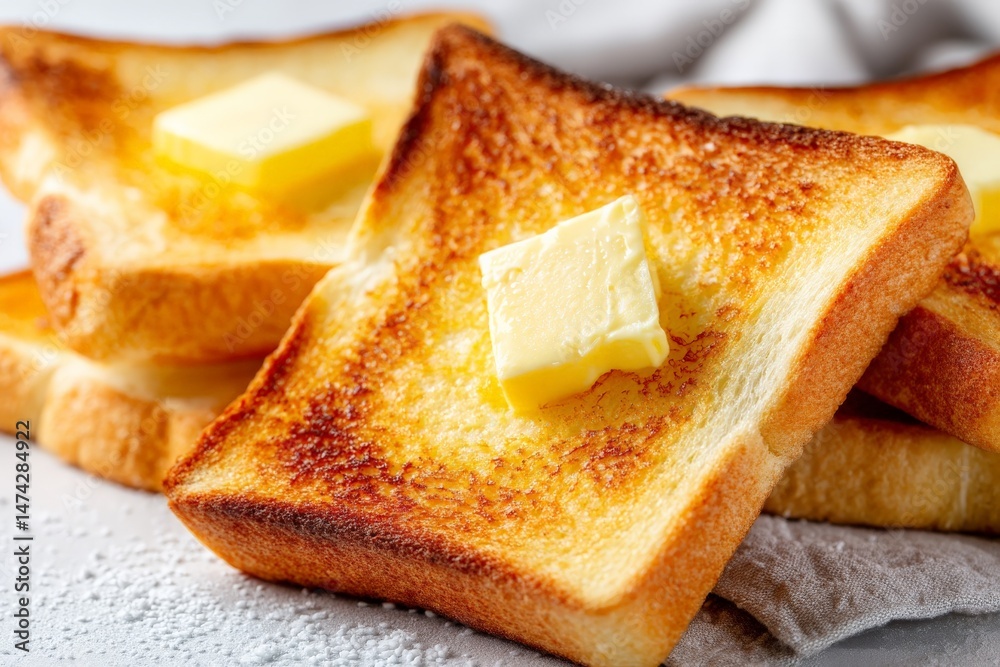 Poster golden toast with melting butter on a soft surface at breakfast time in a cozy kitchen setting