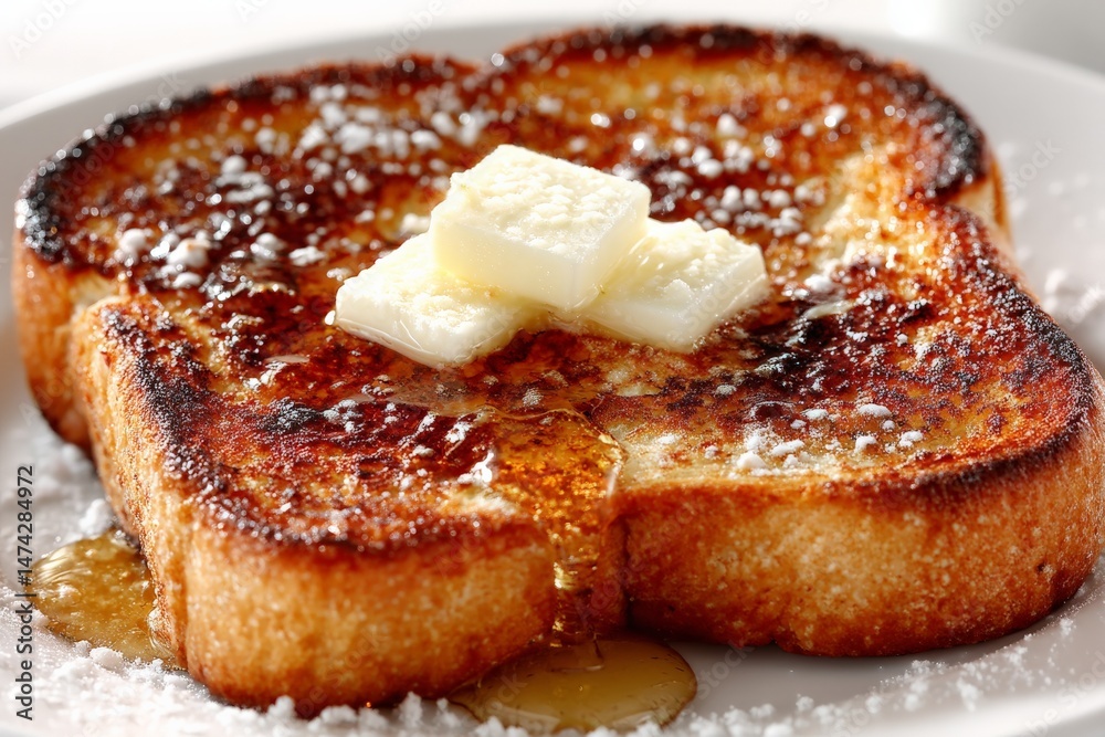 Poster delicious thick slices of french toast topped with creamy butter and syrup in a cozy breakfast setti