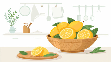 Lemon illustration vector design, lemons in bowl with lemon slice, Yellow Lemon in wooden bowl in kitchen vector design