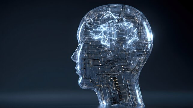 Transparent human head with glowing brain representing artificial intelligence on dark background.