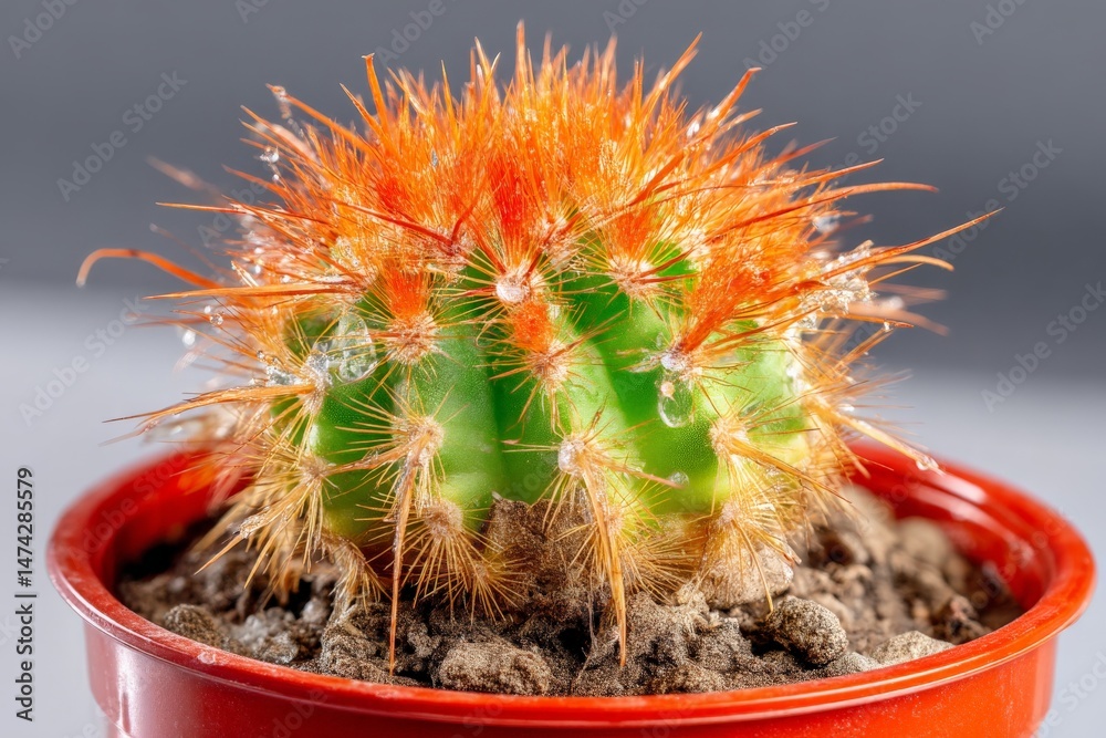 Poster brightly adorned cactus with orange spines and droplets of water sits in a red pot on a gray surface