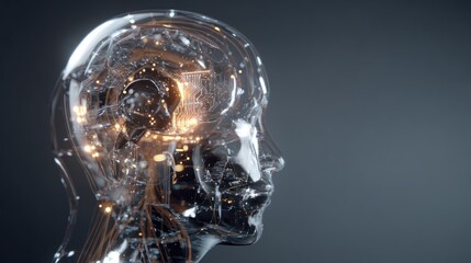 Transparent head with internal glowing structure against a dark background.