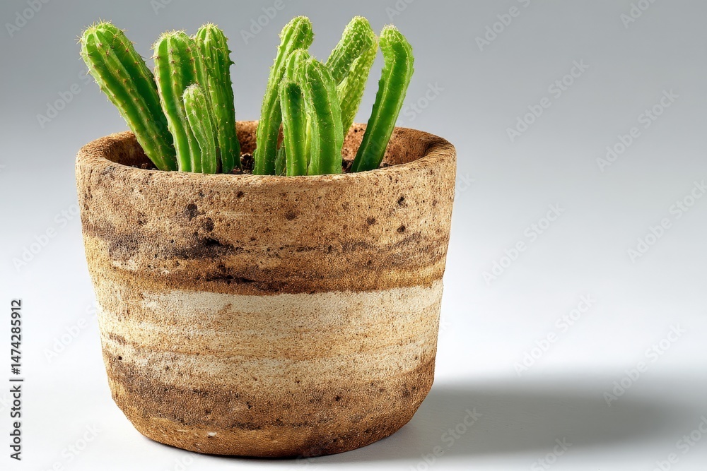 Aufkleber Cactus planted in a rustic pot displayed on a simple gray background with bright green elements