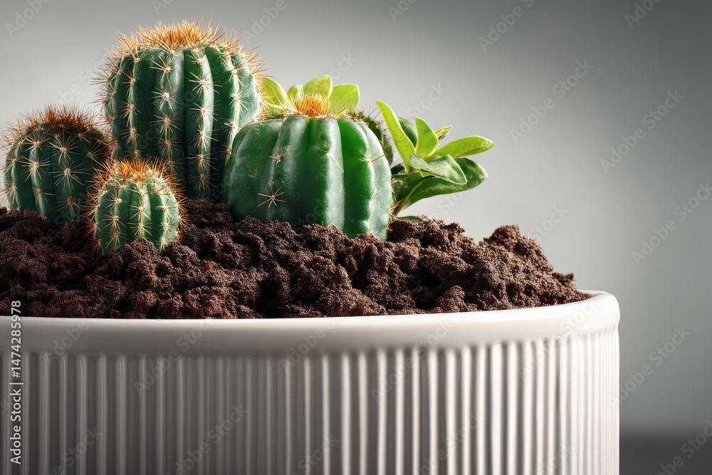 Poster vibrant cacti arrangement in a modern pot with soil and greenery in a well-lit indoor setting