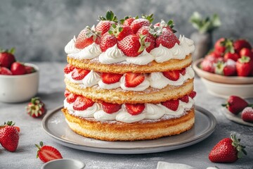 Three layer cake with strawberries and cream on plate. Use in ads for bakeries, patisseries, dessert menus.
