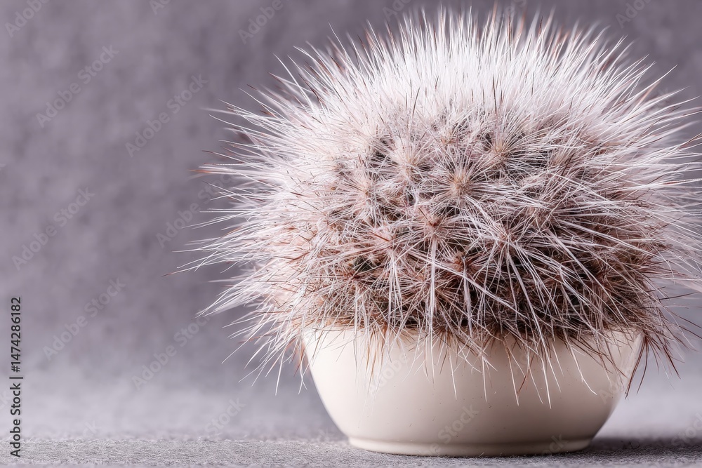 Poster unique round cactus in a white pot against a textured grey background showcasing its intricate spine