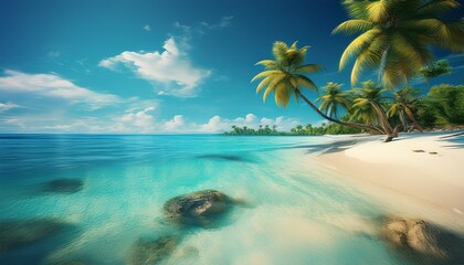 Fototapeta premium paradise beach of a tropical island palm trees white sand azure water generative ai