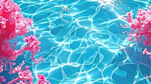 vibrant underwater scene clear blue water background illuminated sunlight creating intricate patterns surface. Prominent foreground vivid pink coral formations their delicate intricate...
