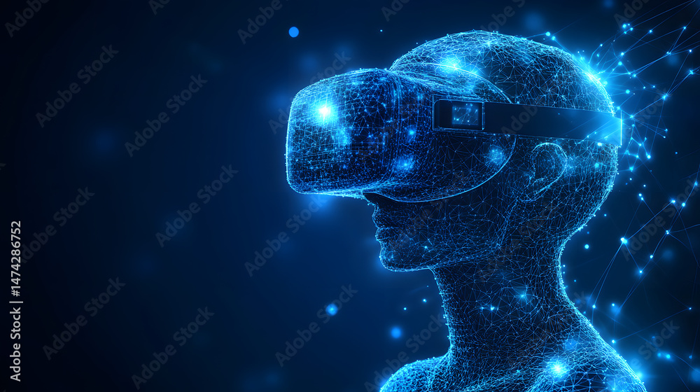 Aufkleber Immerse yourself in virtual reality! A wireframe figure explores digital realms with a high-tech VR headset. Experience the future of gaming and interaction. Abstract wireframe in dark blue.