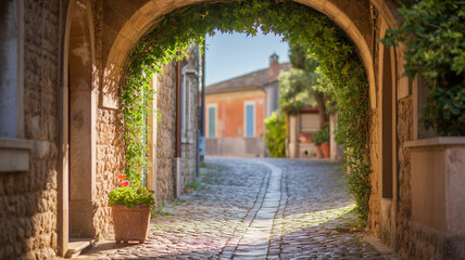 Obraz premium The ancient stone architecture defines a narrow street in the old European town, showcasing a historic building with an arched entrance