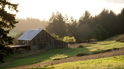 Obraz premium Rustic barn nestled in a sunlit, tranquil valley.