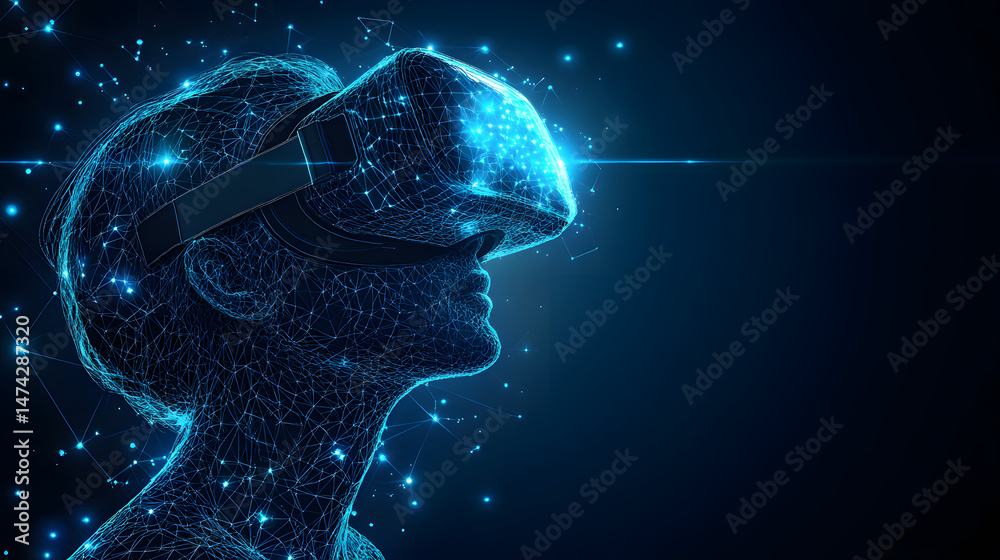 Aufkleber futuristic vr user depicted as interconnected blue lines. a person immersed in virtual reality, repr