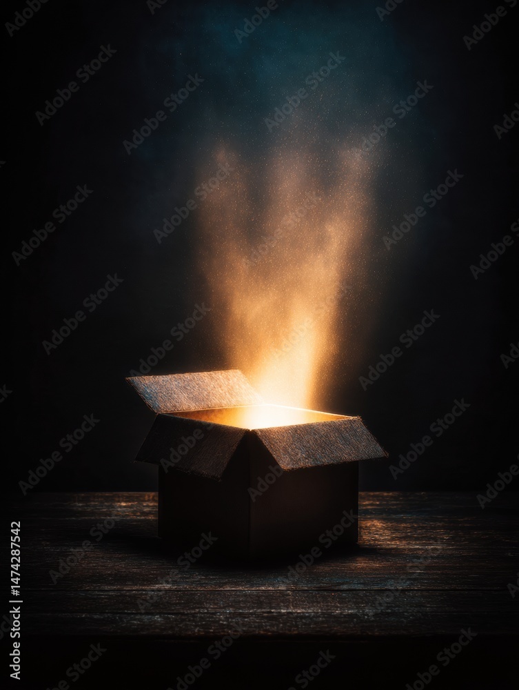 Fototapete glowing light emanates from an open box surrounded by darkness in a mysterious setting