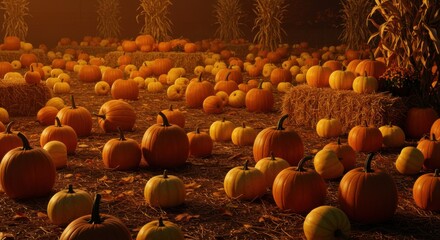 Obraz premium Pumpkins in a Field with Autumn Corn Stalks