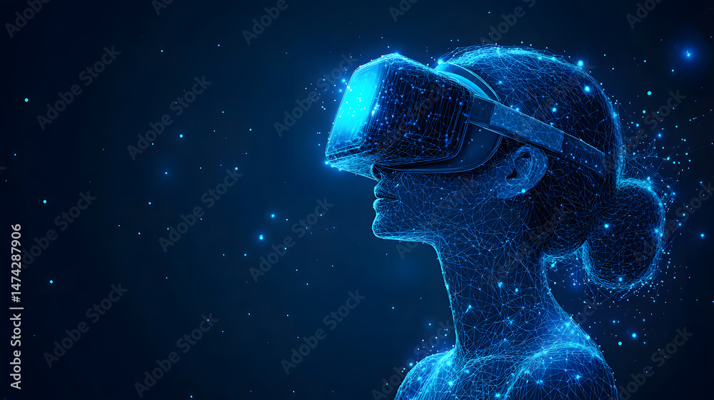 Leinwandbilder futuristic vr user immersed in digital space. glowing blue lines form a stylized person with a heads