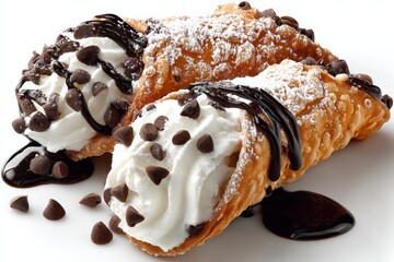 Delicious cannoli filled with sweet cream and topped with chocolate chips and sauce