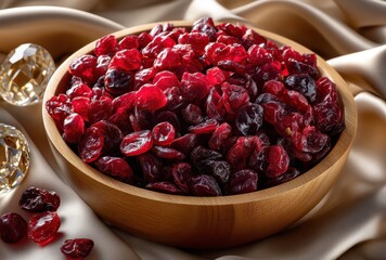 Red Dried Cranberries in a Wooden Bowl on Satin Surface with Decorative Elements