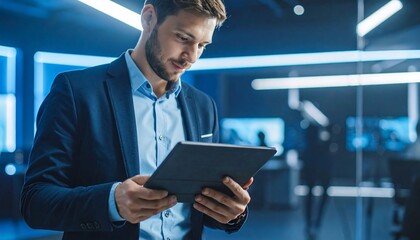 Professional man analyzing data on tablet in modern office environment corporate business meeting