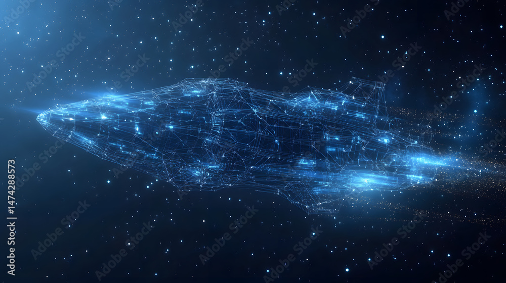 Aufkleber futuristic spaceship wireframe glows blue against a star-filled backdrop. sleek design with engine t