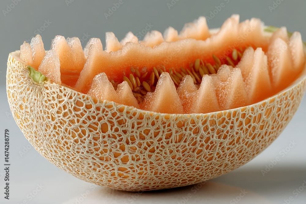 Poster Sweet and juicy melon cut in half showcasing intricate texture and vibrant color in a simple setting
