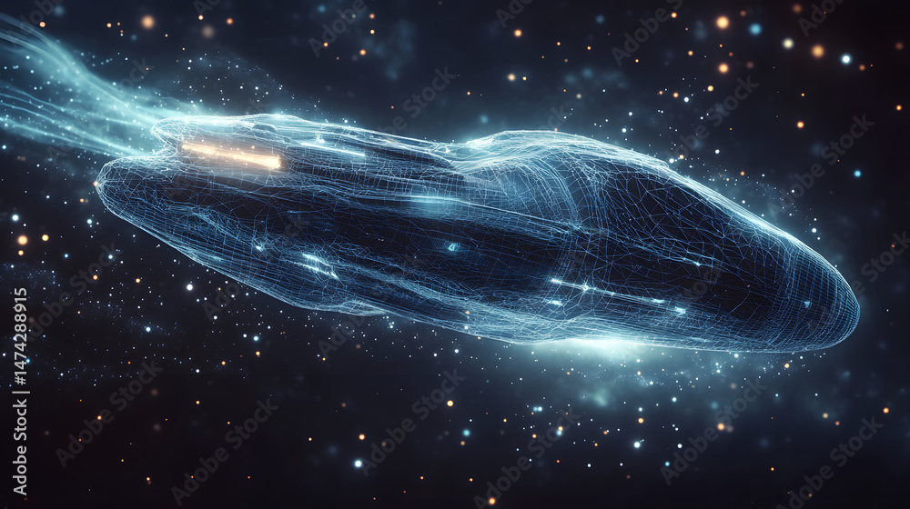 Leinwandbilder futuristic wireframe spaceship emitting blue light streaks across the cosmos. a journey into the unk