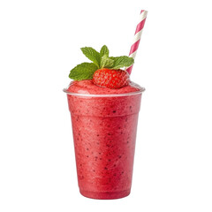 Delicious strawberry smoothie drink in plastic cup isolated on transparent background