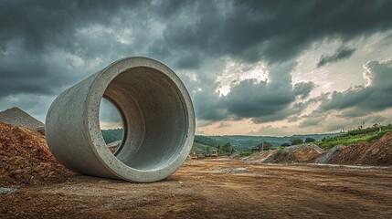Large concrete pipe on construction site under dramatic sky. Earth mounds surround, promising infrastructure expansion, with diggers faintly visible