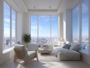 Fototapeta premium Modern Interior Design of a Bright Apartment with City View