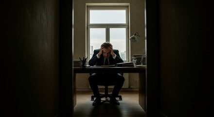 A man sitting at a desk with his hands on his head in a dark office space